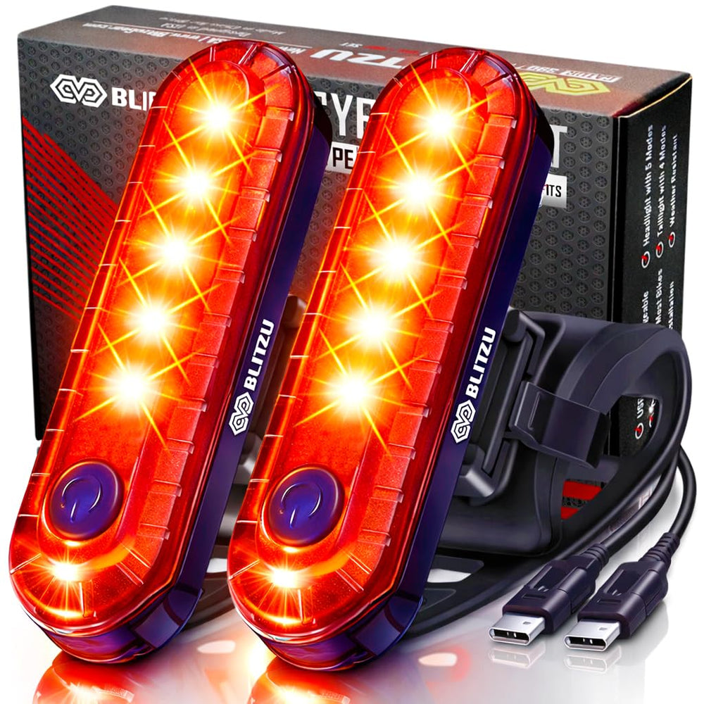 BLITZU luz trasera frontal del pack de 2 mostrando LEDs brillantes y forma compacta