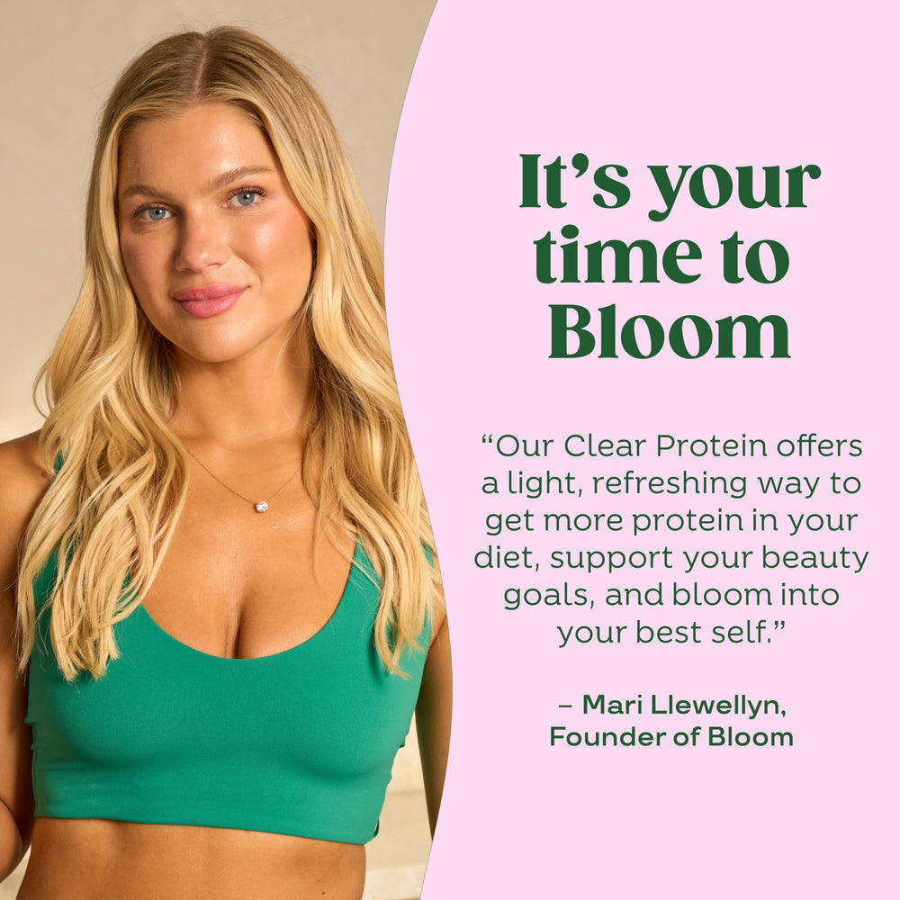Bloom Nutrition botella sobre mesa junto a fruta simulando uso diario refrescante