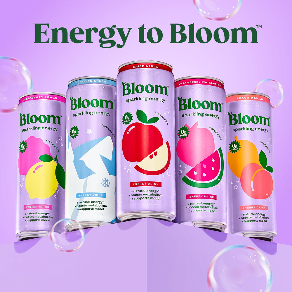 Bloom Nutrition lata junto a botella para comparar tamaño de 12 oz