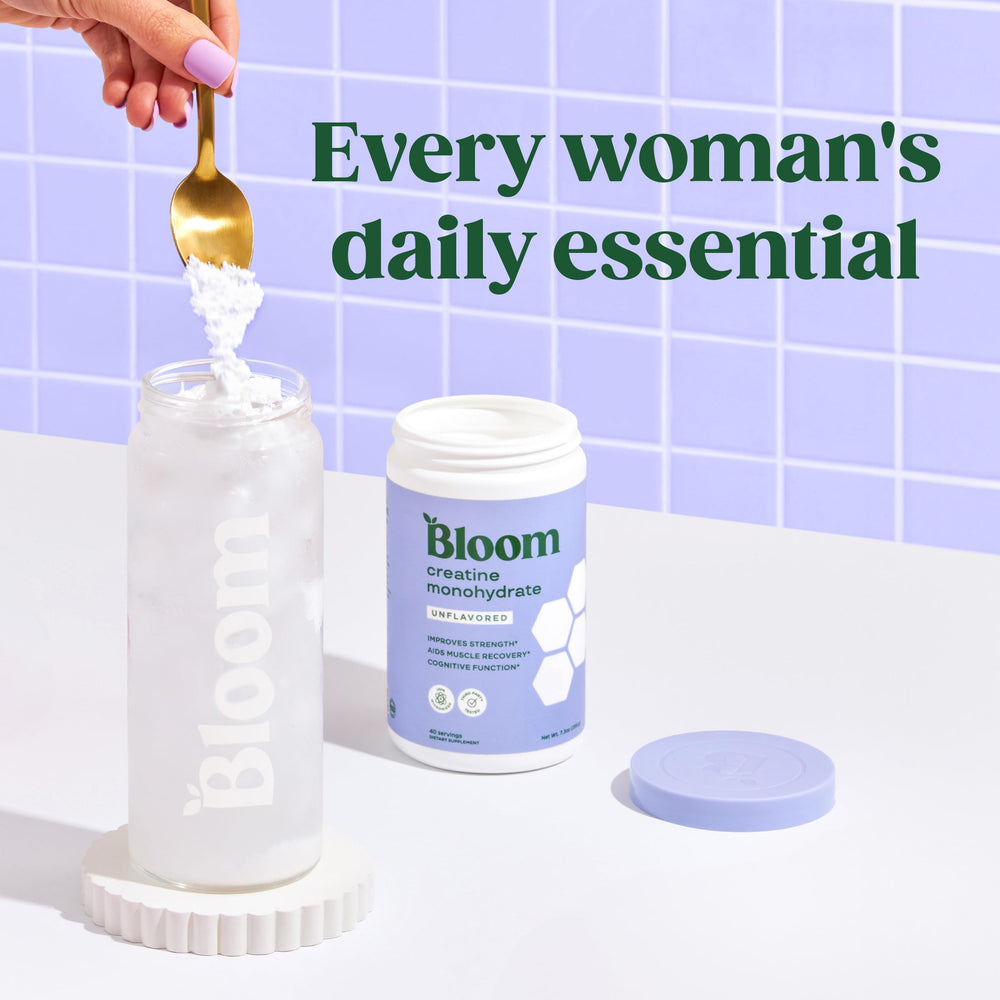 Detalle de la etiqueta Bloom Nutrition con información de calidad y pruebas