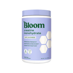 Bloom Nutrition frasco frontal del producto mostrando diseño y beneficios