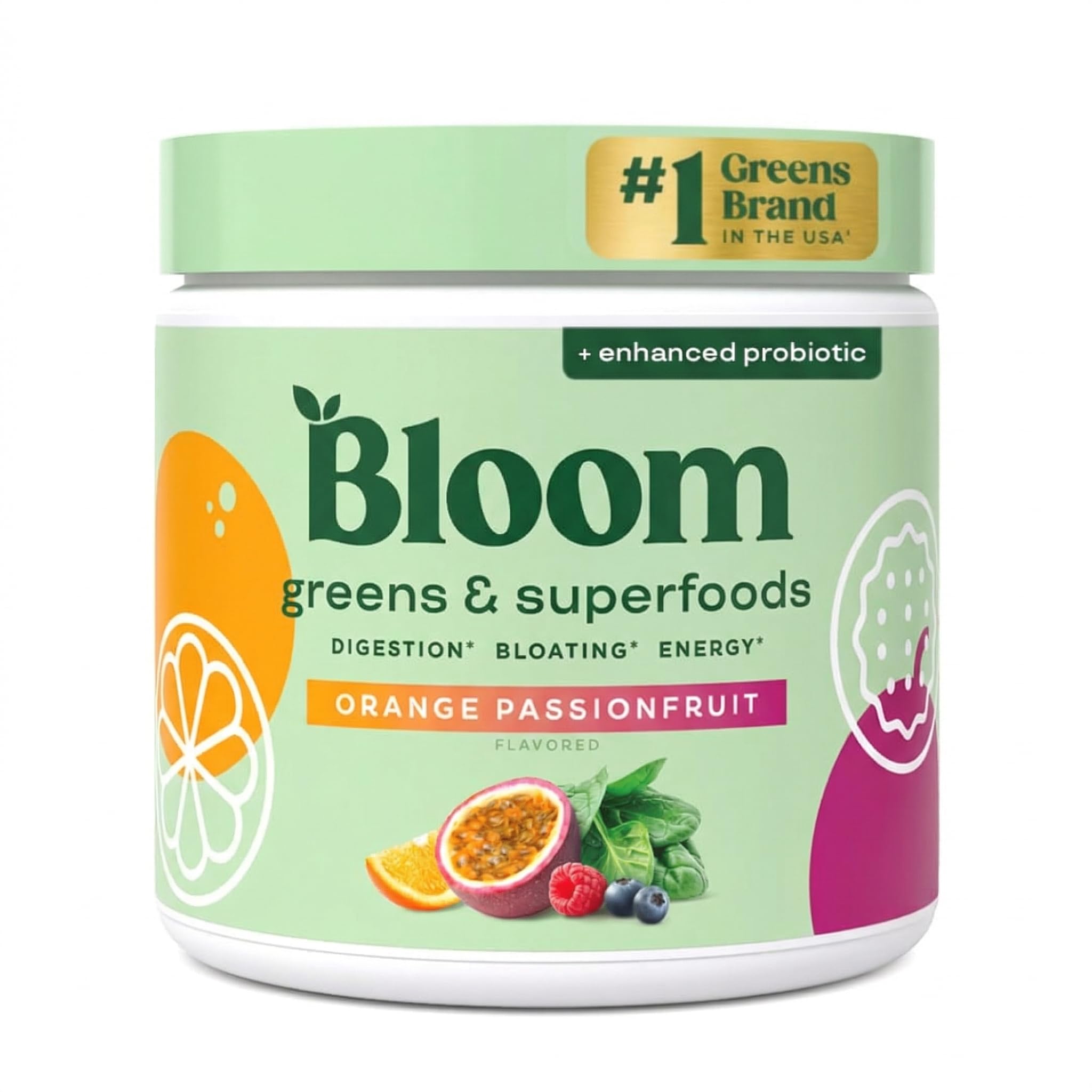 Bloom Nutrition envase frontal mostrando etiqueta y sabor naranja maracuyá, atractivo visual