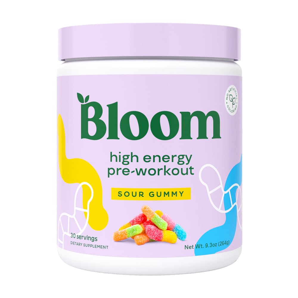 Bloom Nutrition bote frontal con sabor Sour Gummy, muestra diseño y cantidad