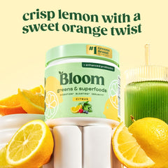 Bloom Nutrition textura del polvo resaltando ingredientes naturales