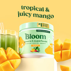 Bloom Nutrition primer plano del polvo mango para apreciar textura y color