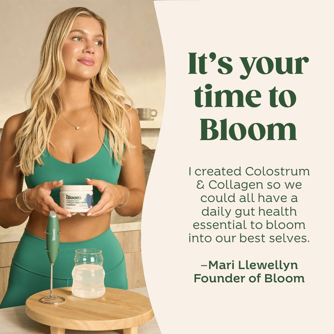Bloom Nutrition uso en cocina con vaso y frutas, integración cotidiana
