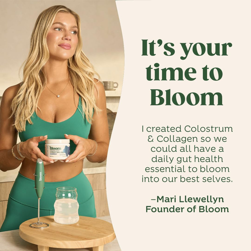 Bloom Nutrition uso en cocina con vaso y frutas, integración cotidiana