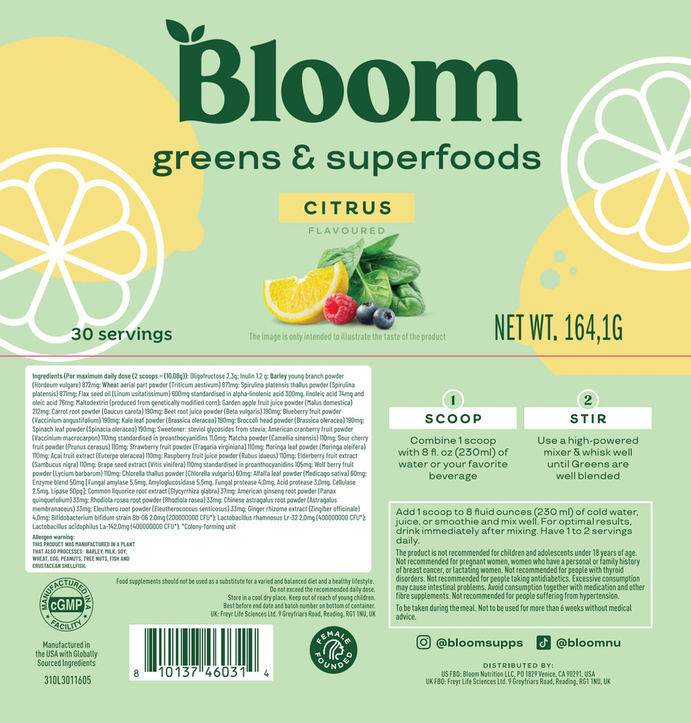 Bloom Nutrition vaso con batido cítrico refrescante y sin azúcar