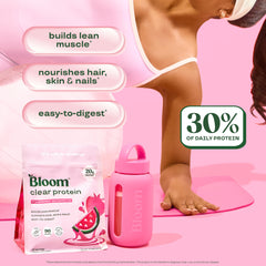 Vaso con bebida Bloom Nutrition Fresa Sandía listo para beber tras el entrenamiento