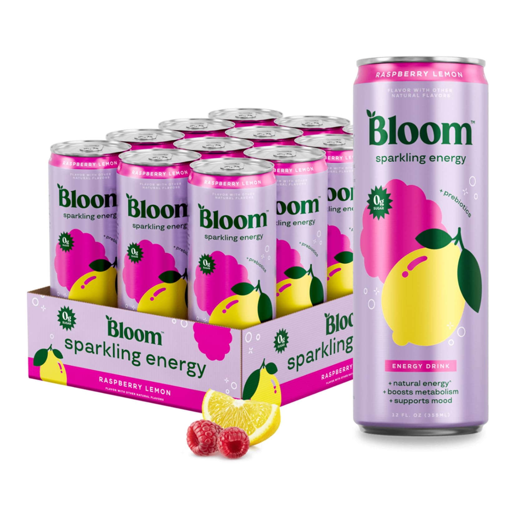 Bloom Nutrition lata frontal Raspberry Lemon mostrando etiqueta y color vibrante, beneficio refrescante