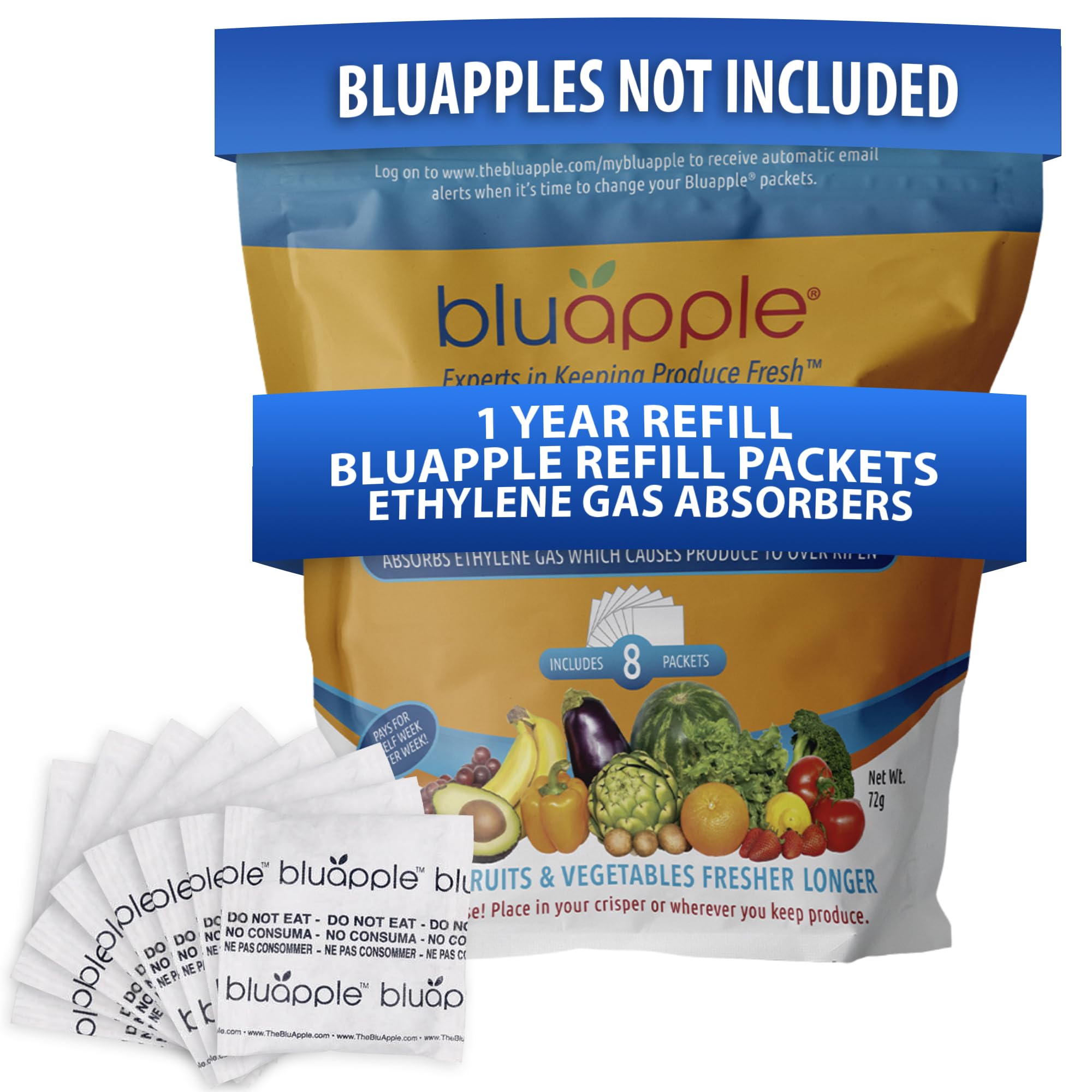 BluApple frente del envase con sobres, prolonga frescura de frutas