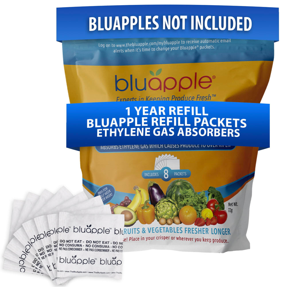 BluApple frente del envase con sobres, prolonga frescura de frutas