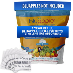 BluApple frente del envase con sobres, prolonga frescura de frutas