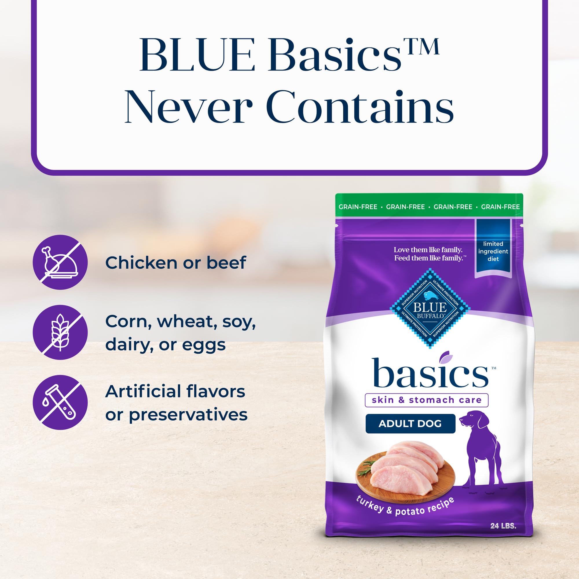 Blue Buffalo etiqueta lateral con información nutricional, transparencia y confianza