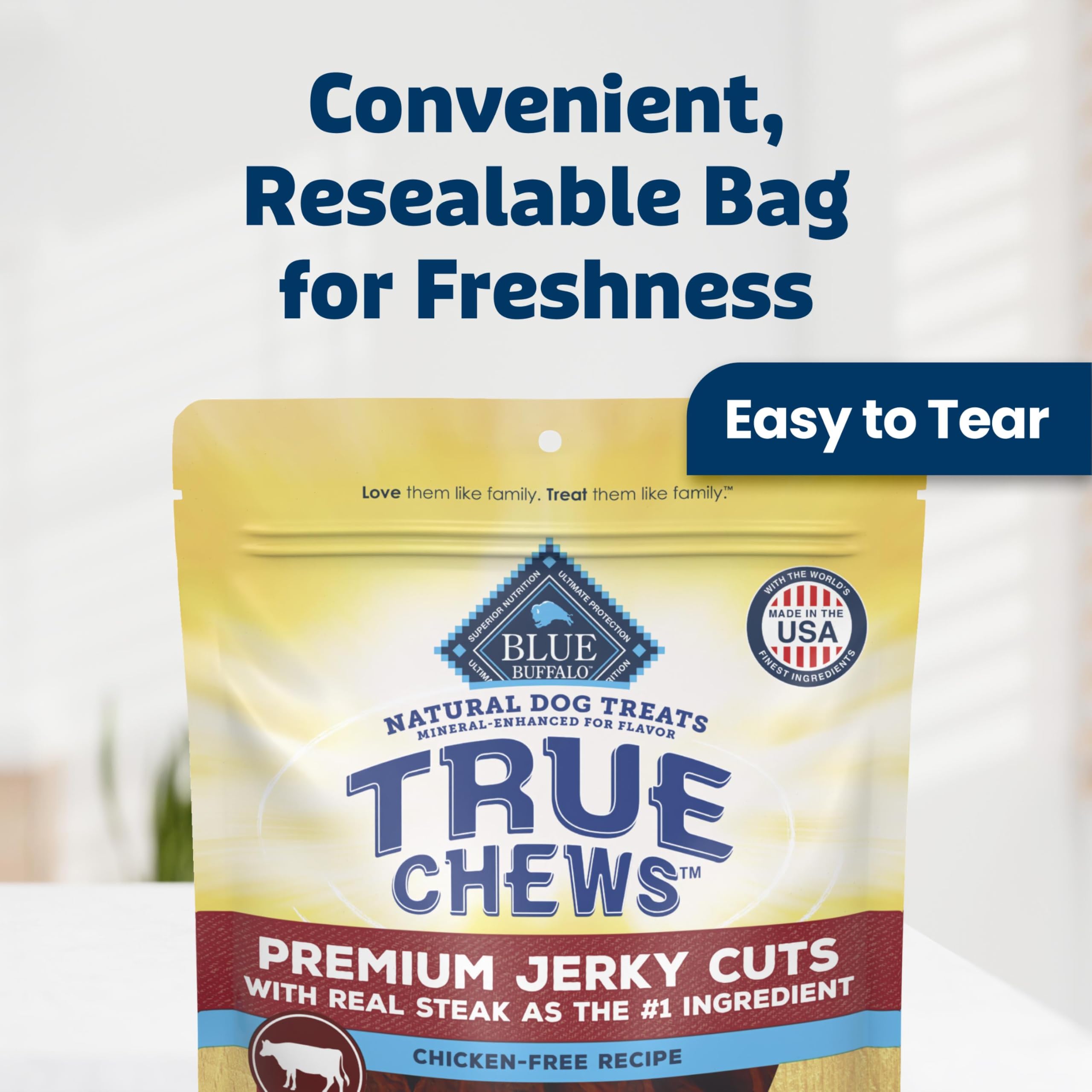 Blue Buffalo bolsa resellable abierta mostrando frescura y conveniencia