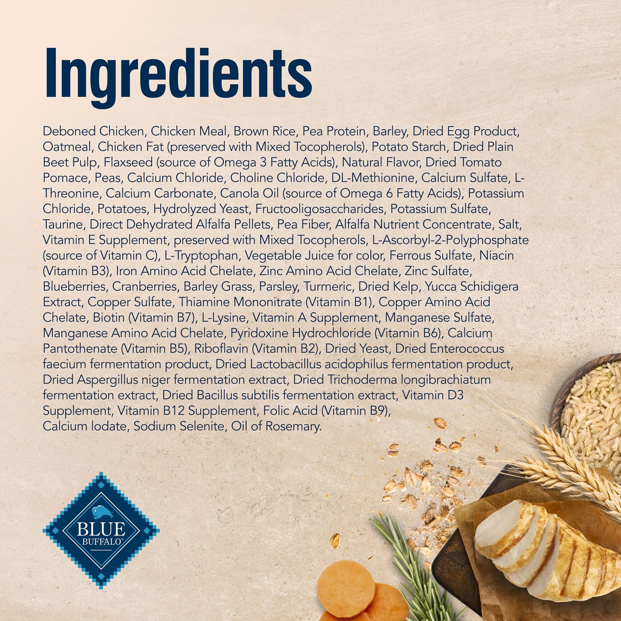 Blue Buffalo etiqueta con tabla nutricional e ingredientes clave legibles