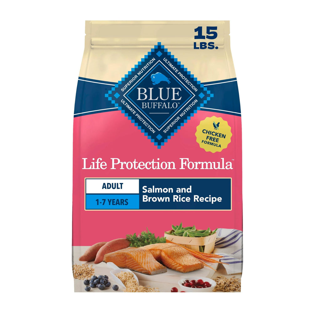 Blue Buffalo frente de bolsa 15 lb mostrando fórmula salmón