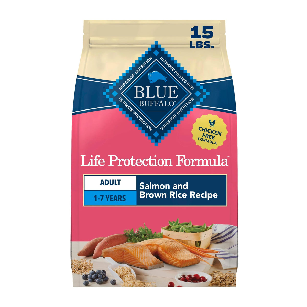 Blue Buffalo frente de bolsa 15 lb mostrando fórmula salmón