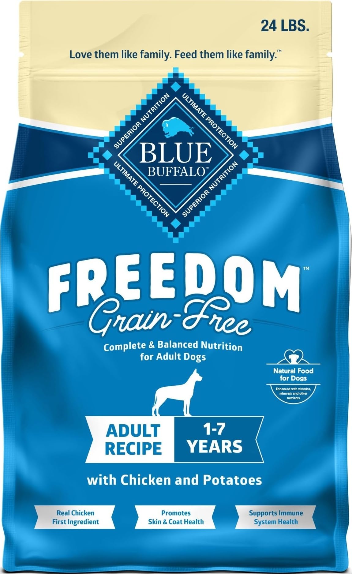 Blue Buffalo bolsa frontal mostrando 24 lb y beneficios nutricionales