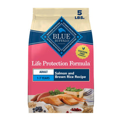 Blue Buffalo frente del paquete 5 lb mostrando receta salmon y arroz, confianza en calidad