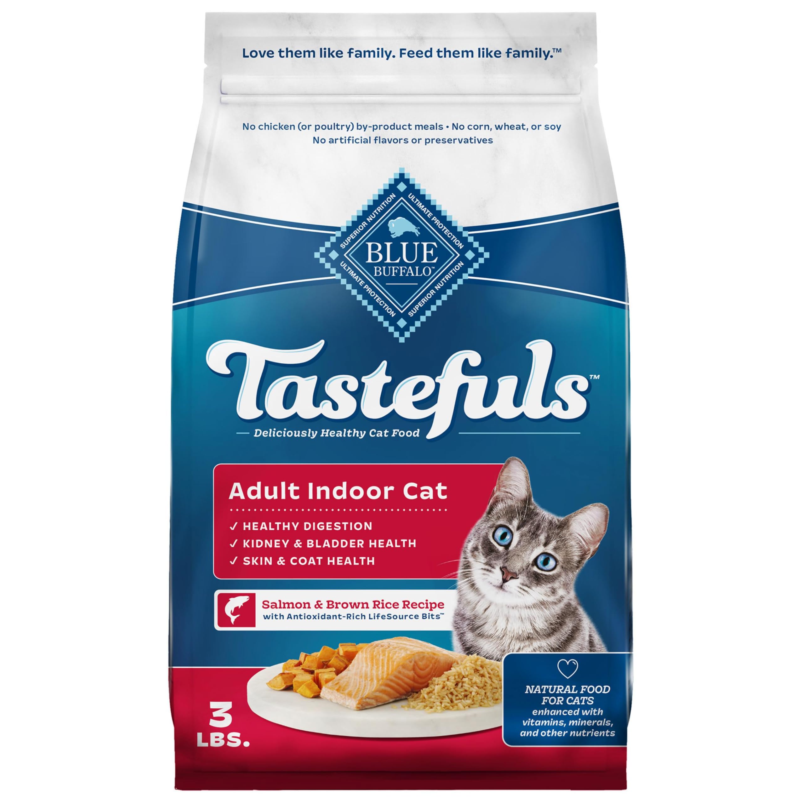 Blue Buffalo frente del paquete mostrando la receta Salmón y beneficios
