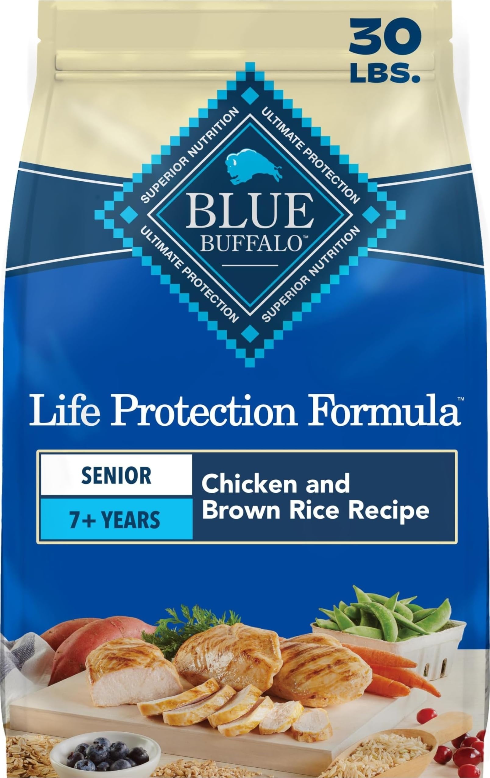 Blue Buffalo empaque frontal senior mostrando beneficios principales