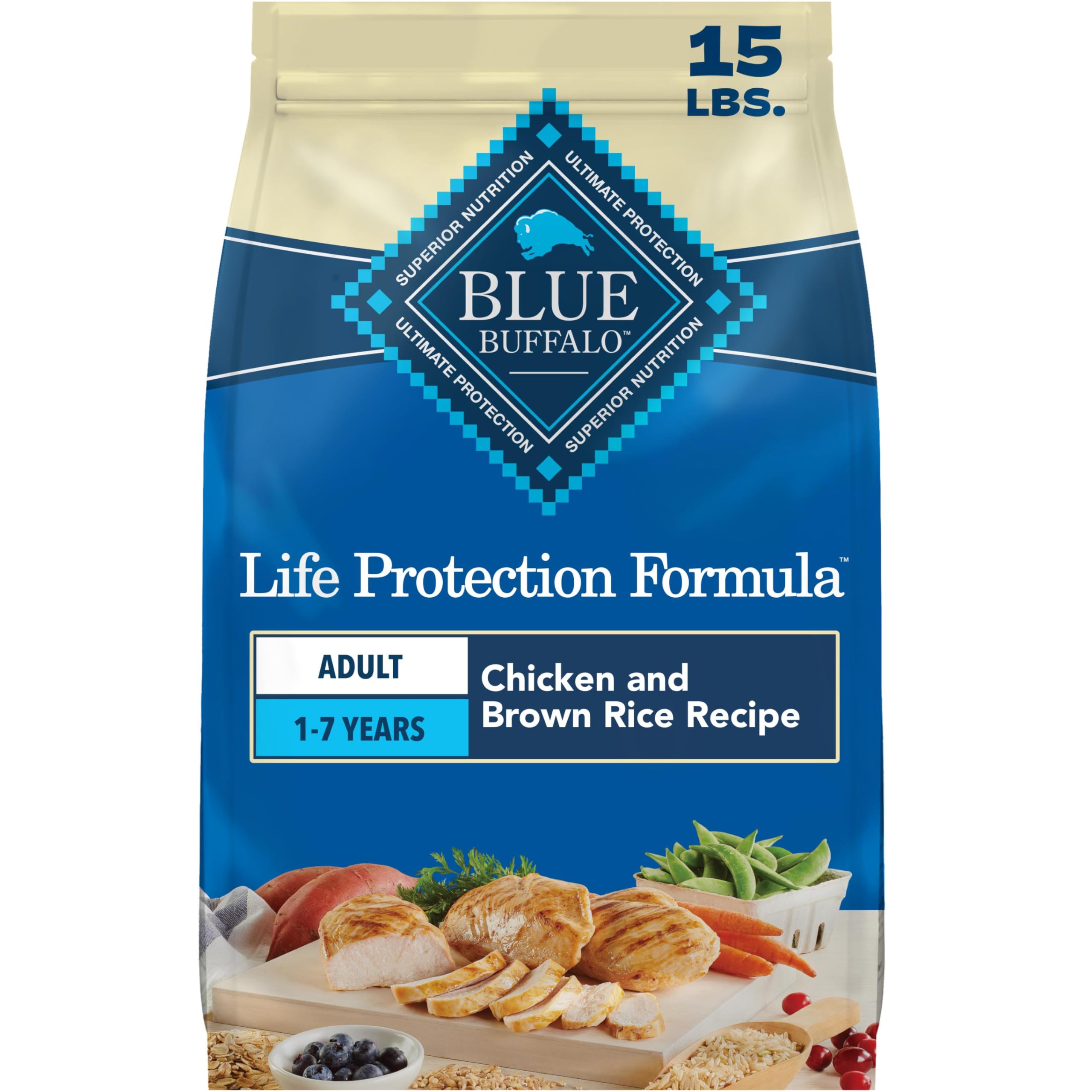 Blue Buffalo paquete frontal 15 lb muestra beneficios nutricionales
