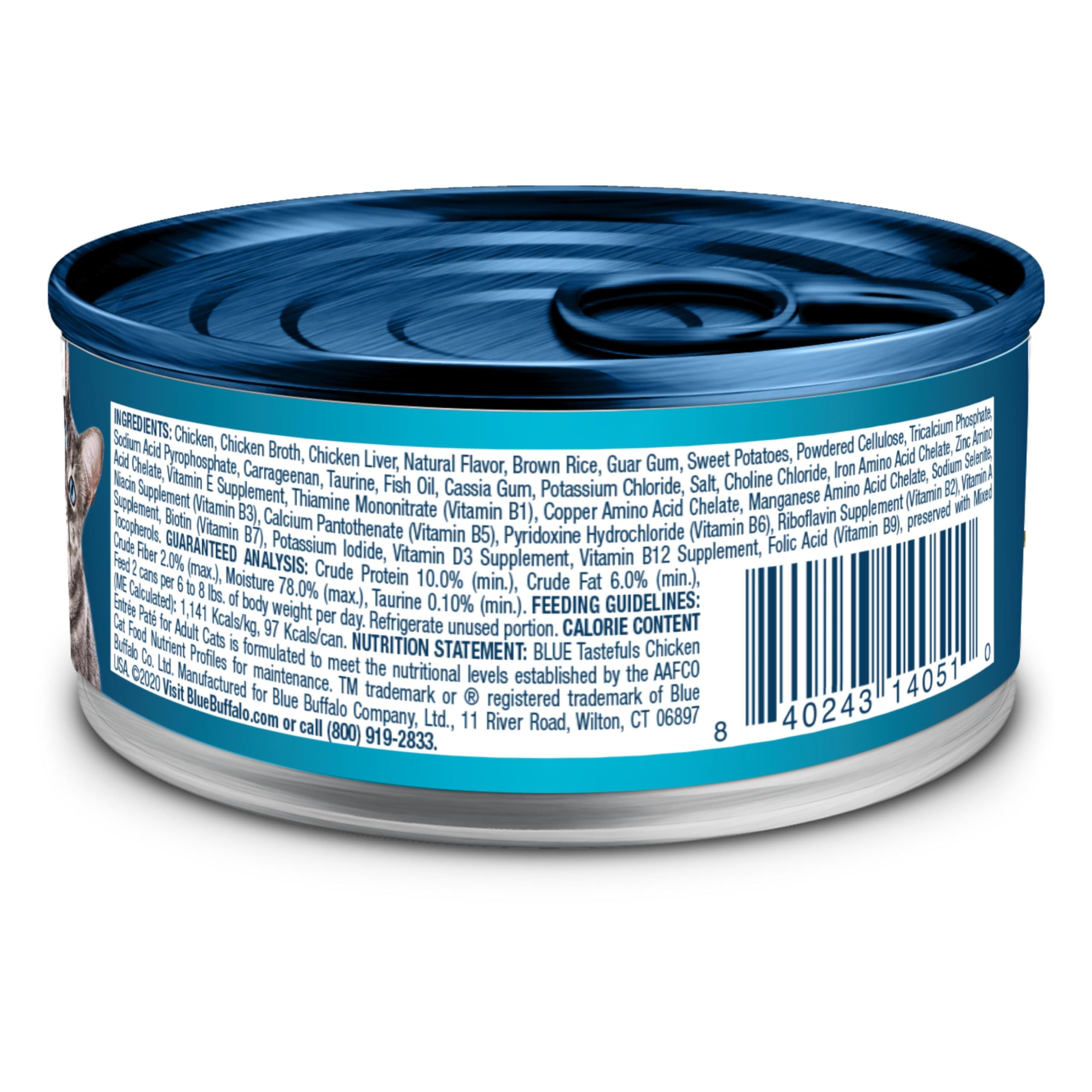 Blue Buffalo ingredientes principales pollo, arroz integral y camote visibles