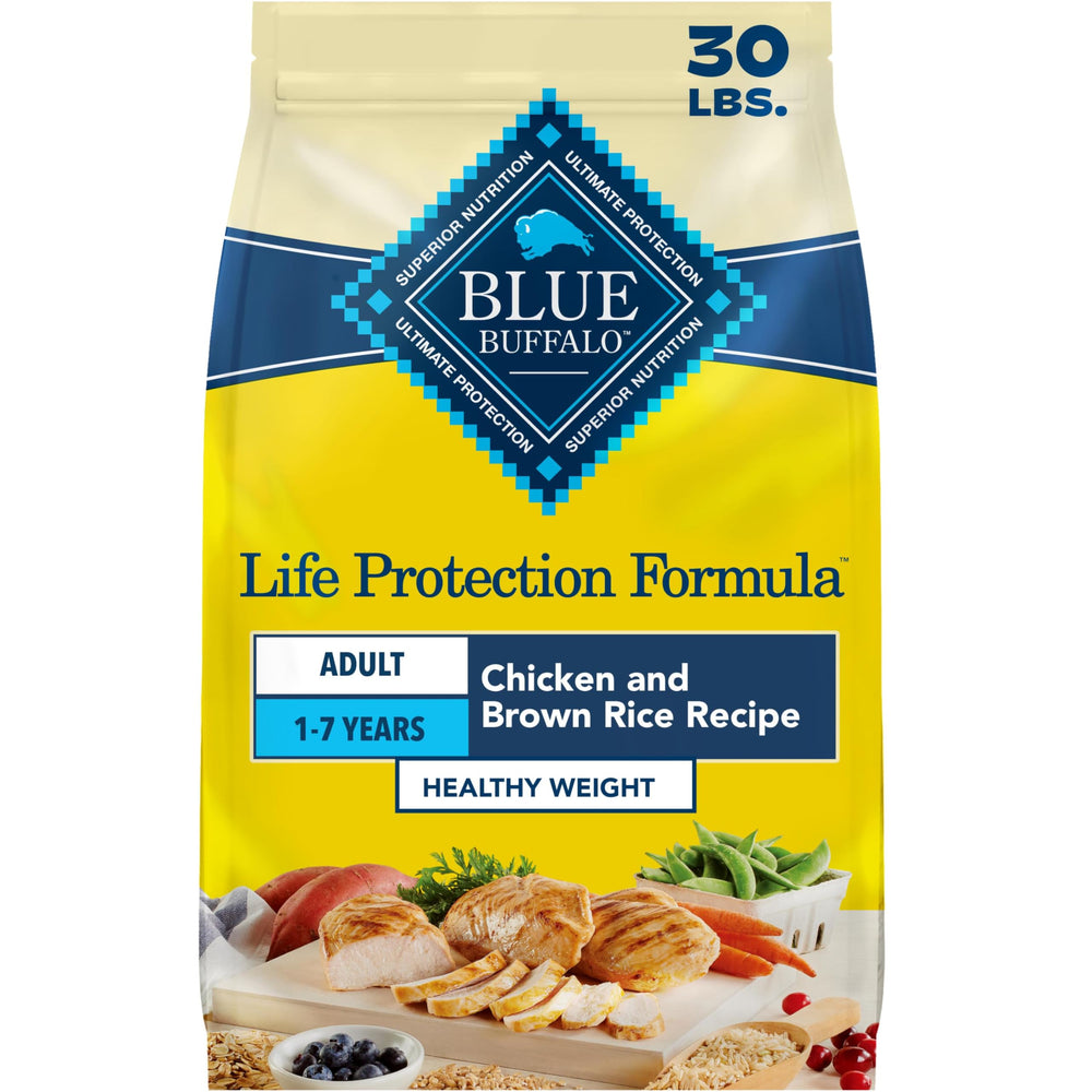 Blue Buffalo frontal del empaque mostrando 30 lb y beneficios nutricionales