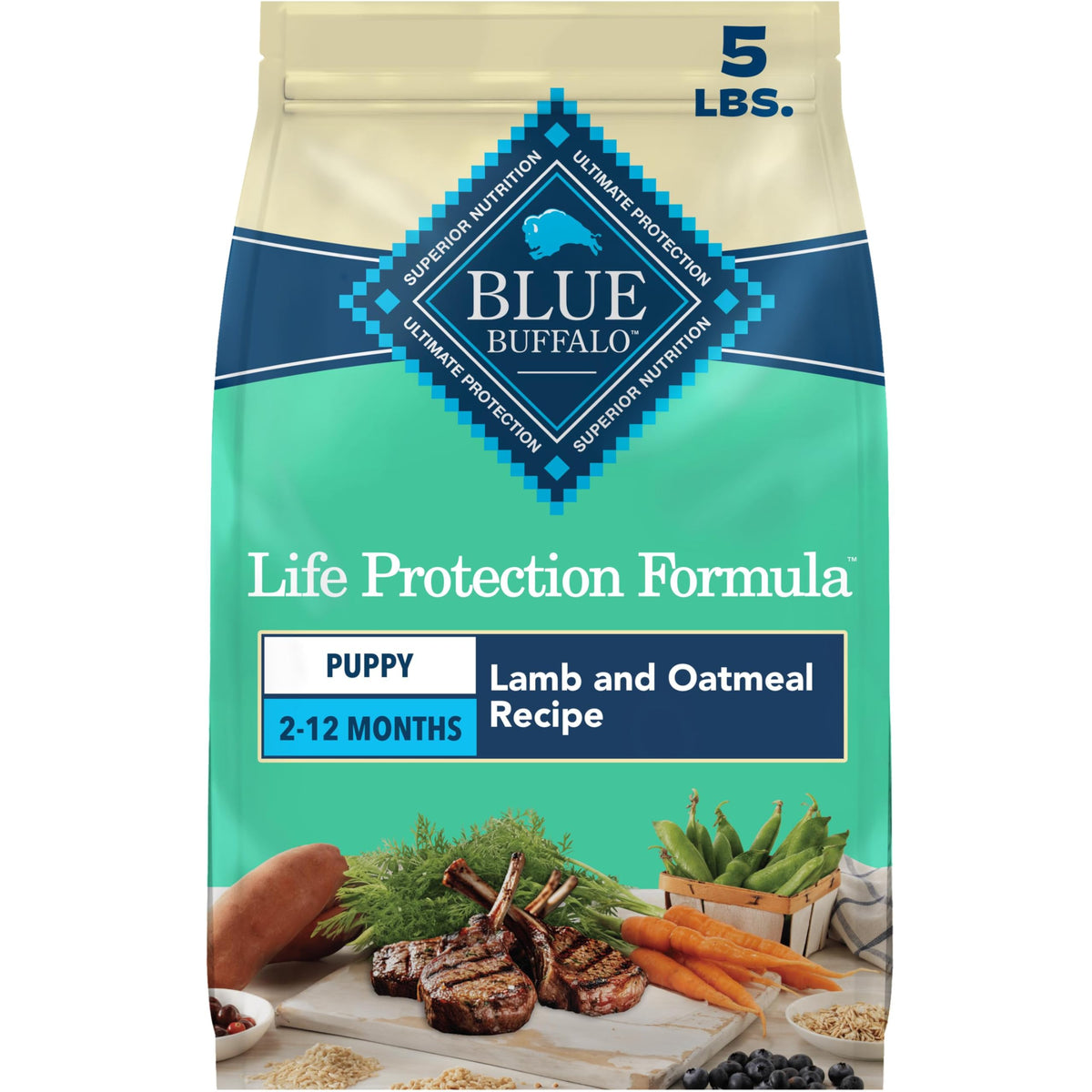Blue Buffalo paquete frontal de 5 lb mostrando etiqueta y beneficios