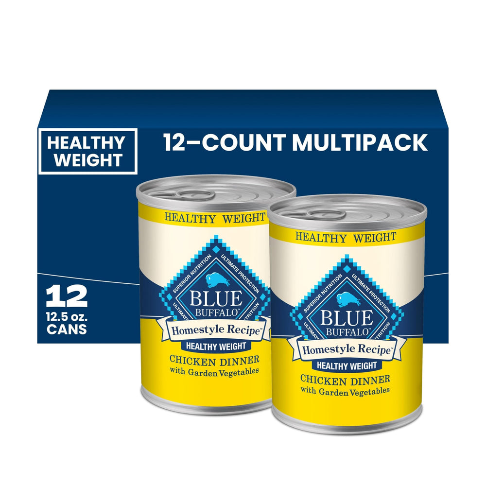 Blue Buffalo lata frontal mostrando receta homestyle y beneficios para peso
