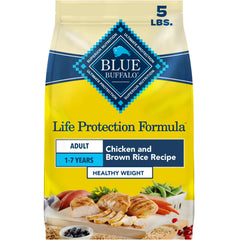 Blue Buffalo empaque frontal 5 lb mostrando fórmula Healthy Weight y beneficios
