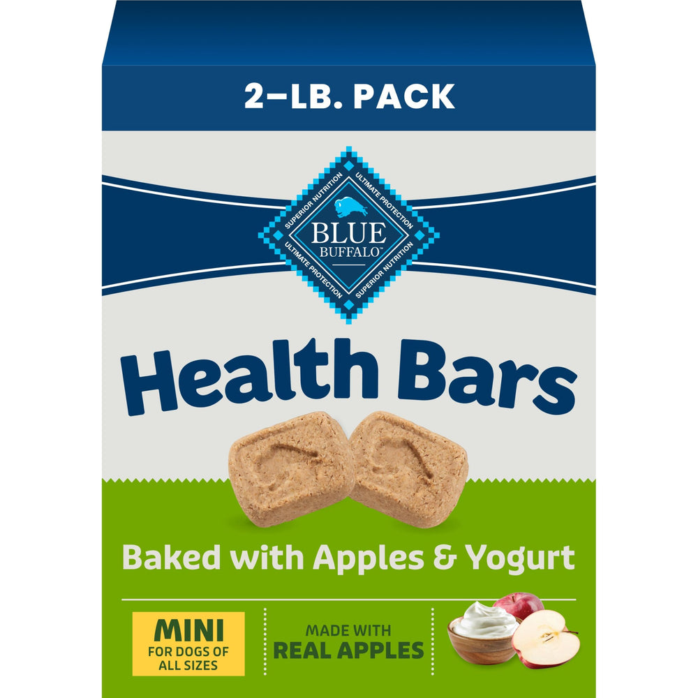 Blue Buffalo caja frontal de Mini Health Bars mostrando sello natural y beneficio de sabor