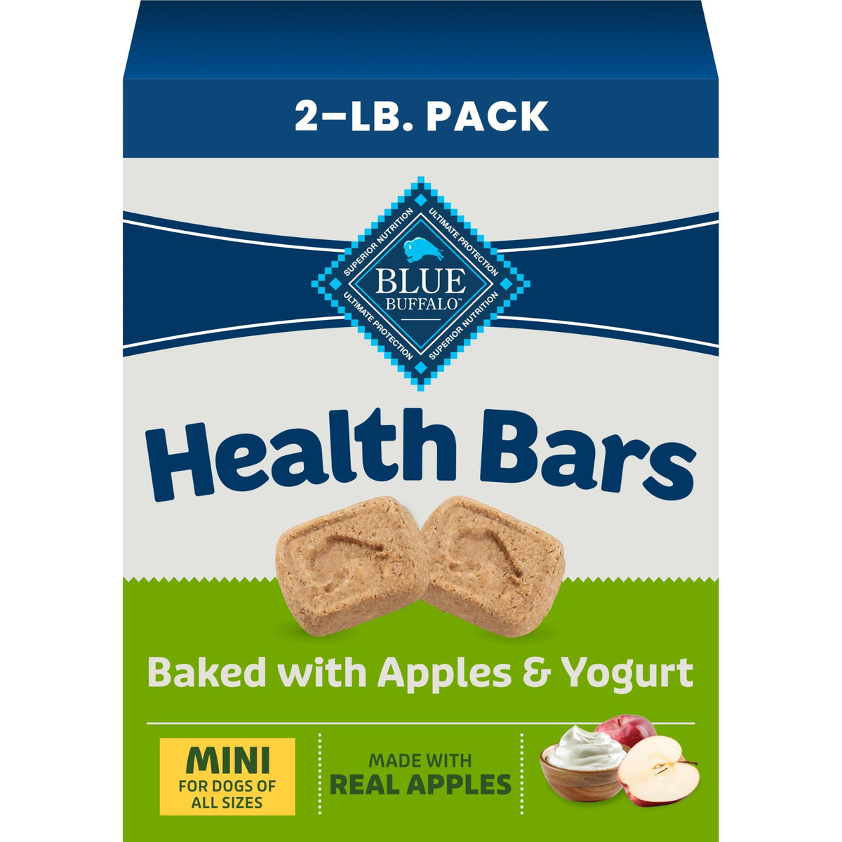 Blue Buffalo caja frontal de Mini Health Bars mostrando sello natural y beneficio de sabor