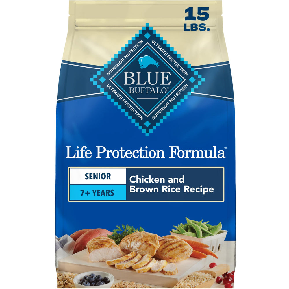 Blue Buffalo envase frontal mostrando fórmula Senior y beneficios