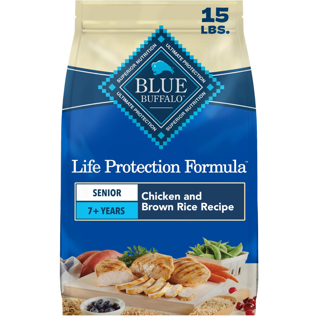 Blue Buffalo envase frontal mostrando fórmula Senior y beneficios