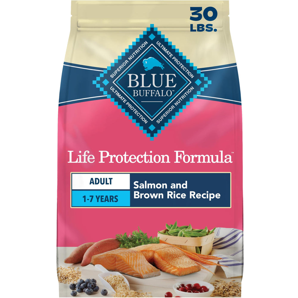 Blue Buffalo paquete frente muestra salmón real y beneficios nutricionales