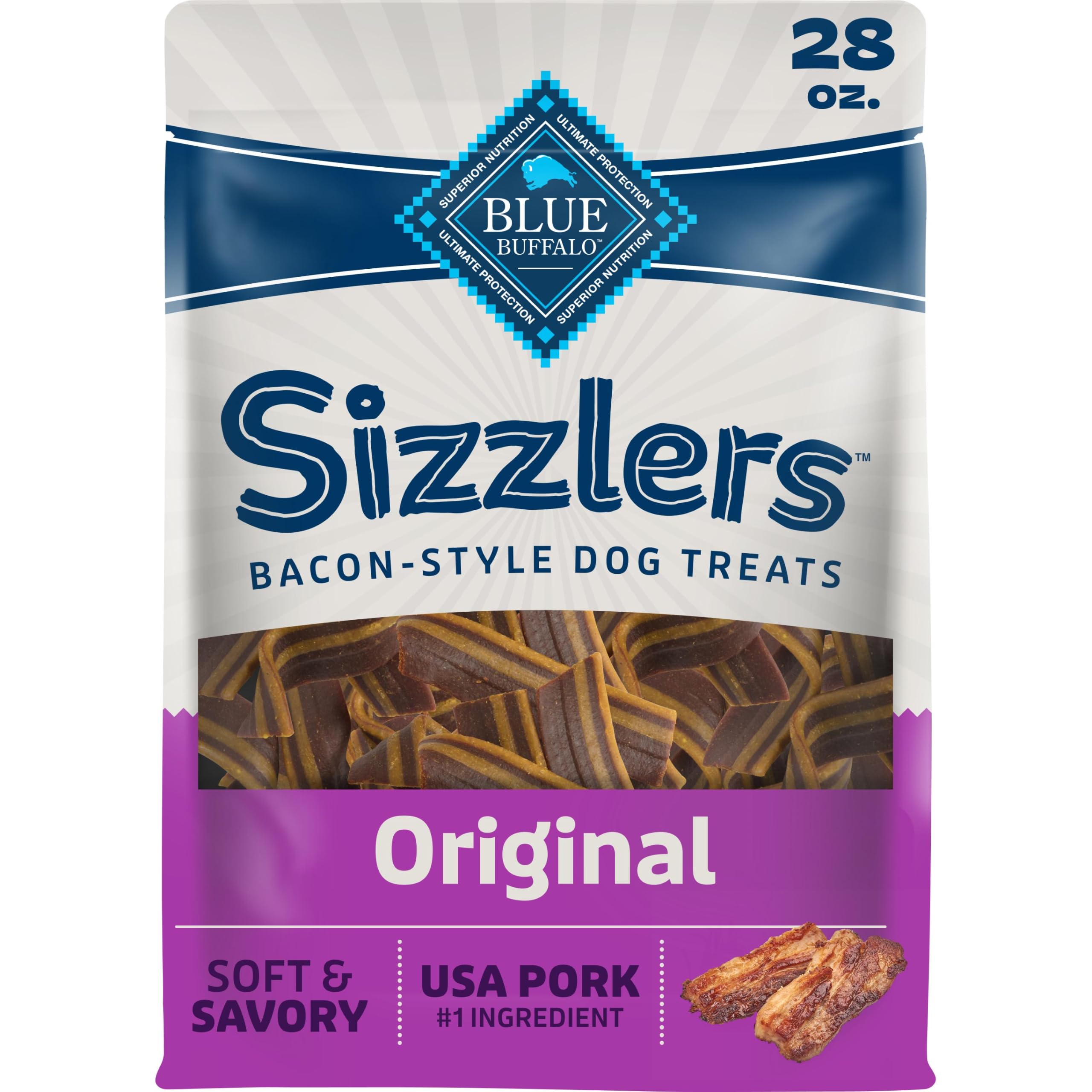 Blue Buffalo empaque frontal de Sizzlers 28 oz mostrando información clave y beneficio natural