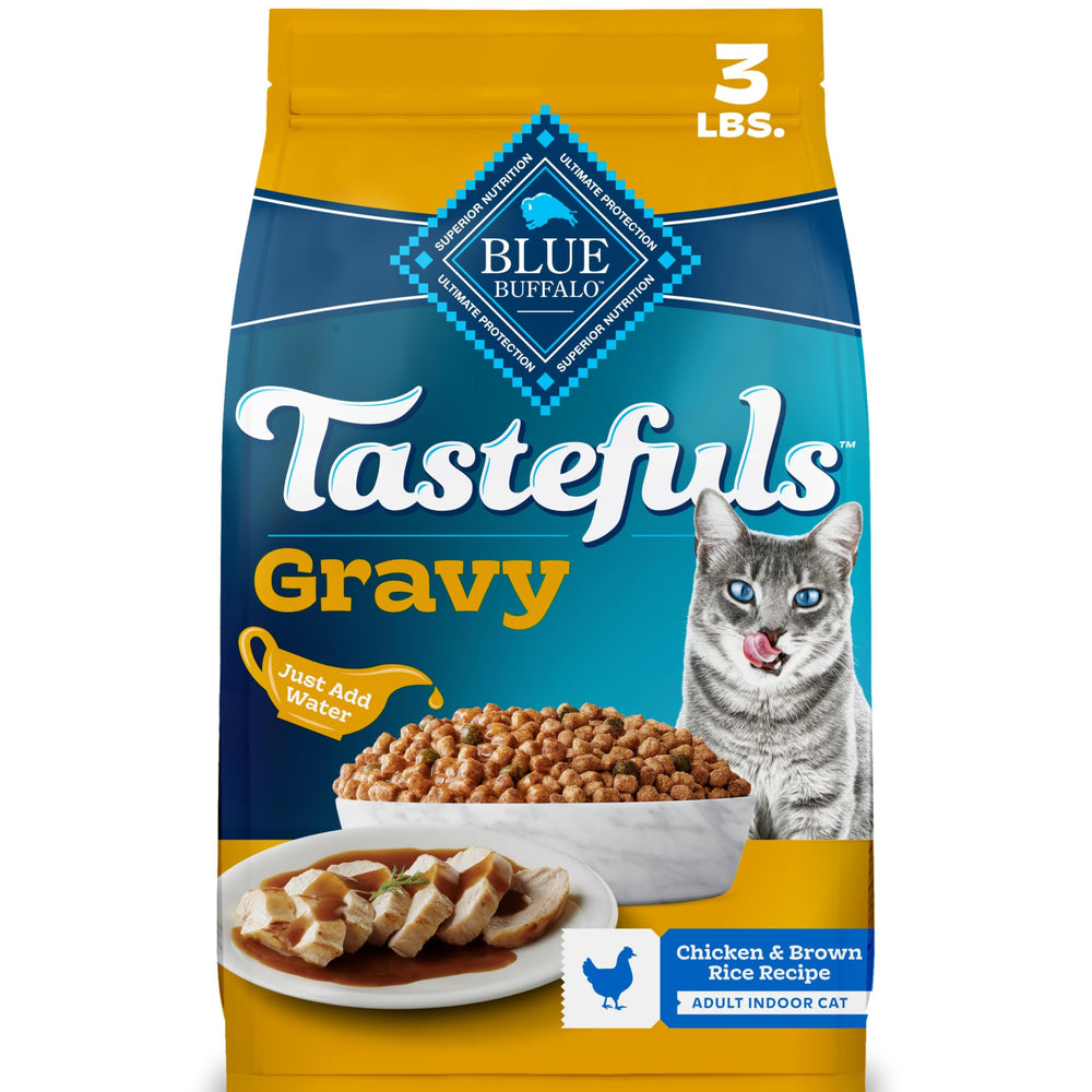 Blue Buffalo empaque frontal que muestra fórmula con pollo real y ventaja nutritiva