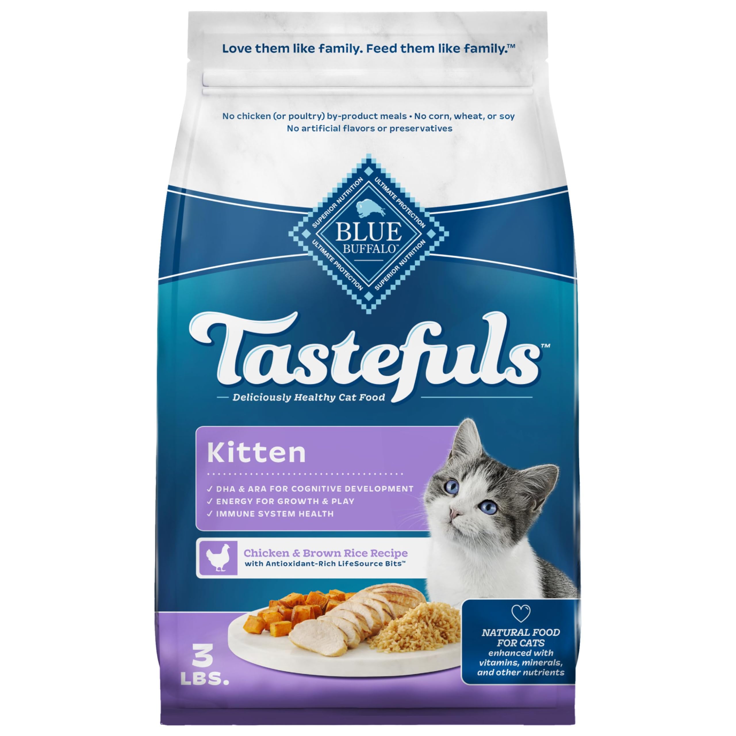 Blue Buffalo paquete frontal mostrando receta de pollo y beneficio nutricional