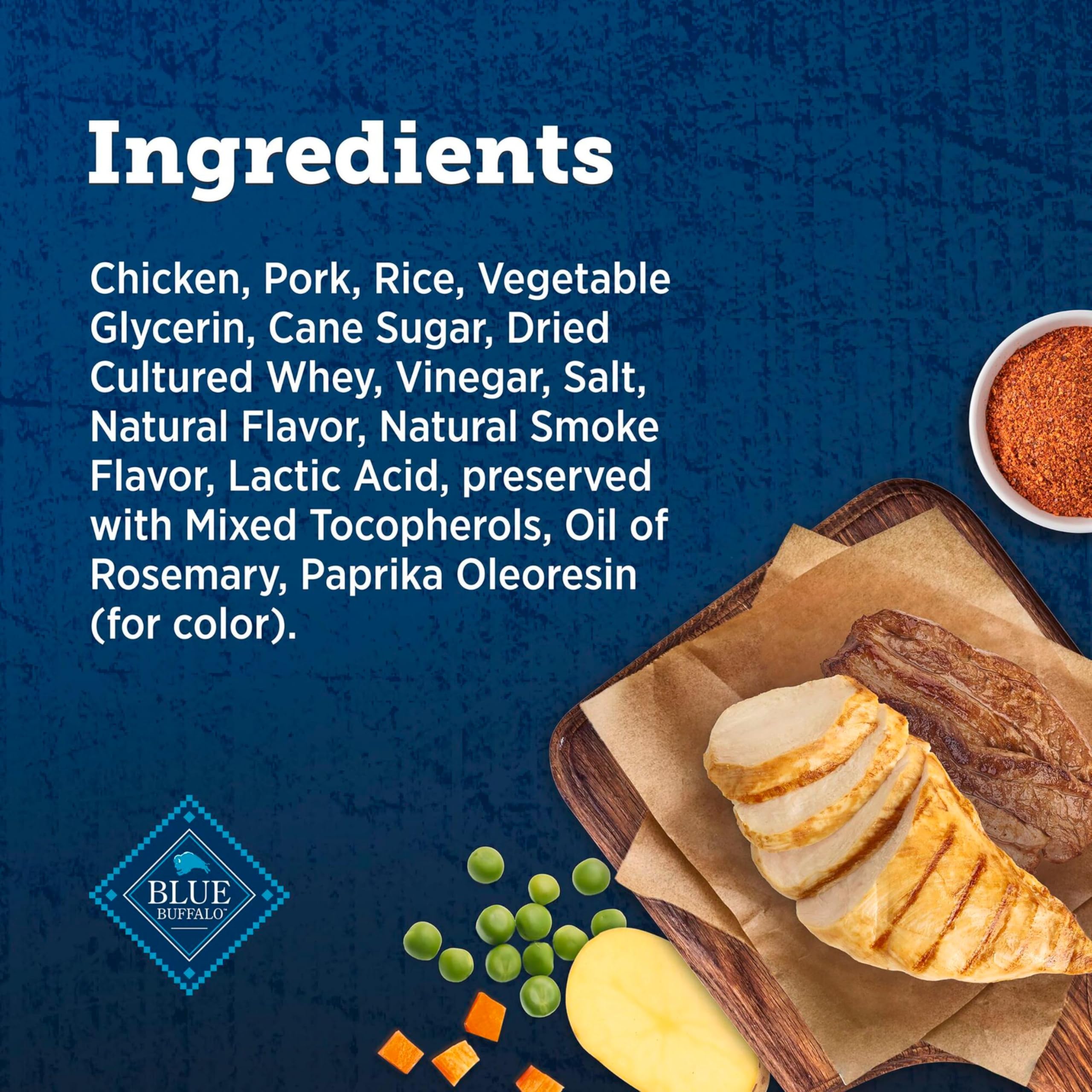 Blue Buffalo ingredients label close-up showing real chicken focus