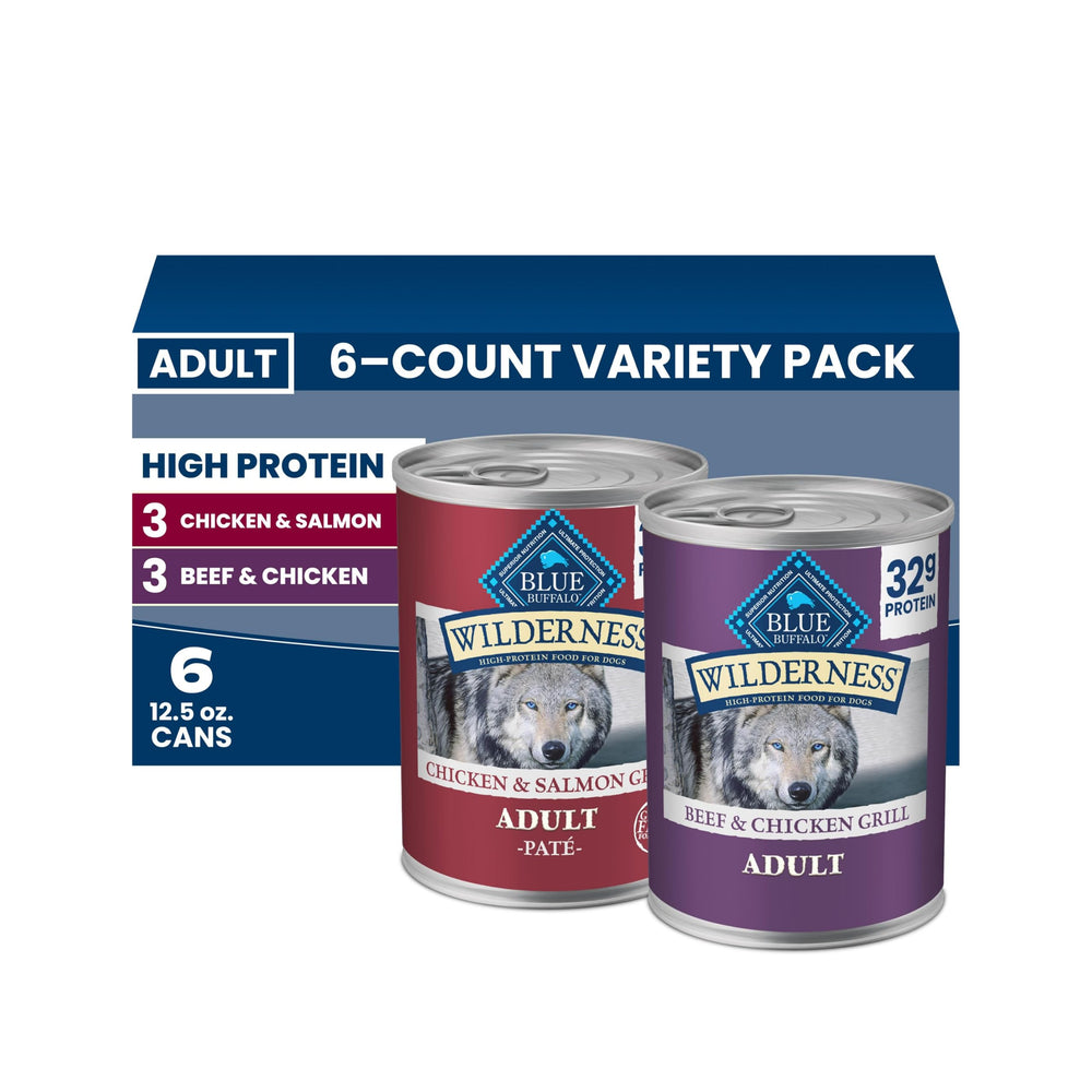 Blue Buffalo vista frontal del pack con 6 latas y beneficios nutritivos