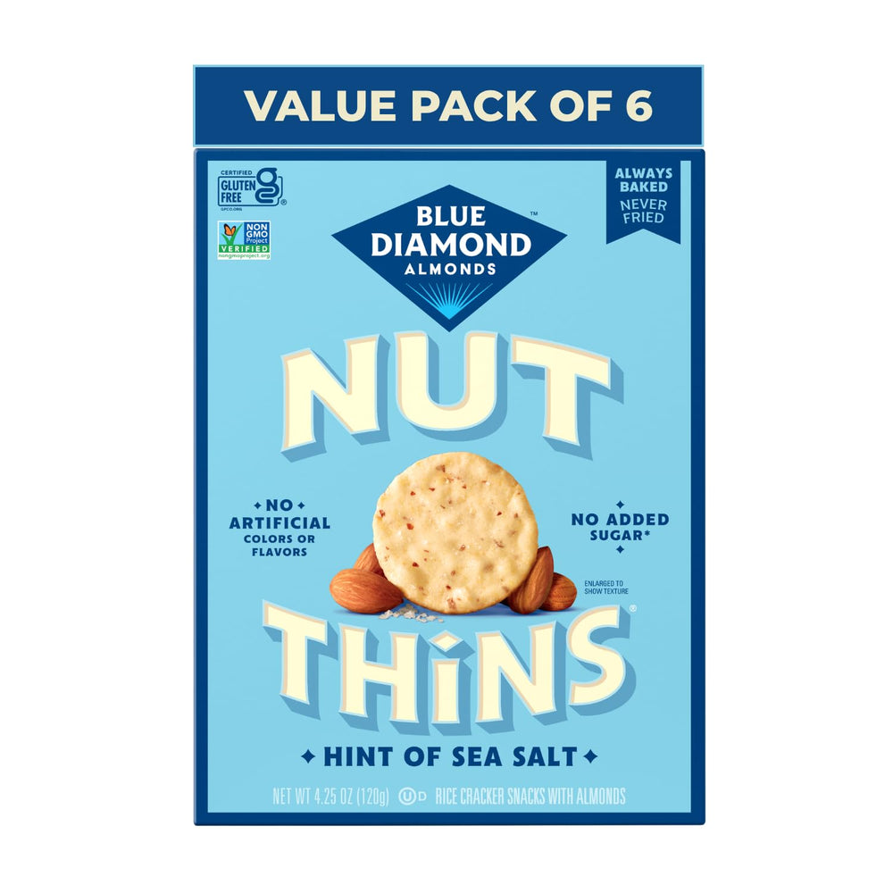 Blue Diamond Nut-Thins frente del empaque mostrando seis cajas, ideal para almacenamiento
