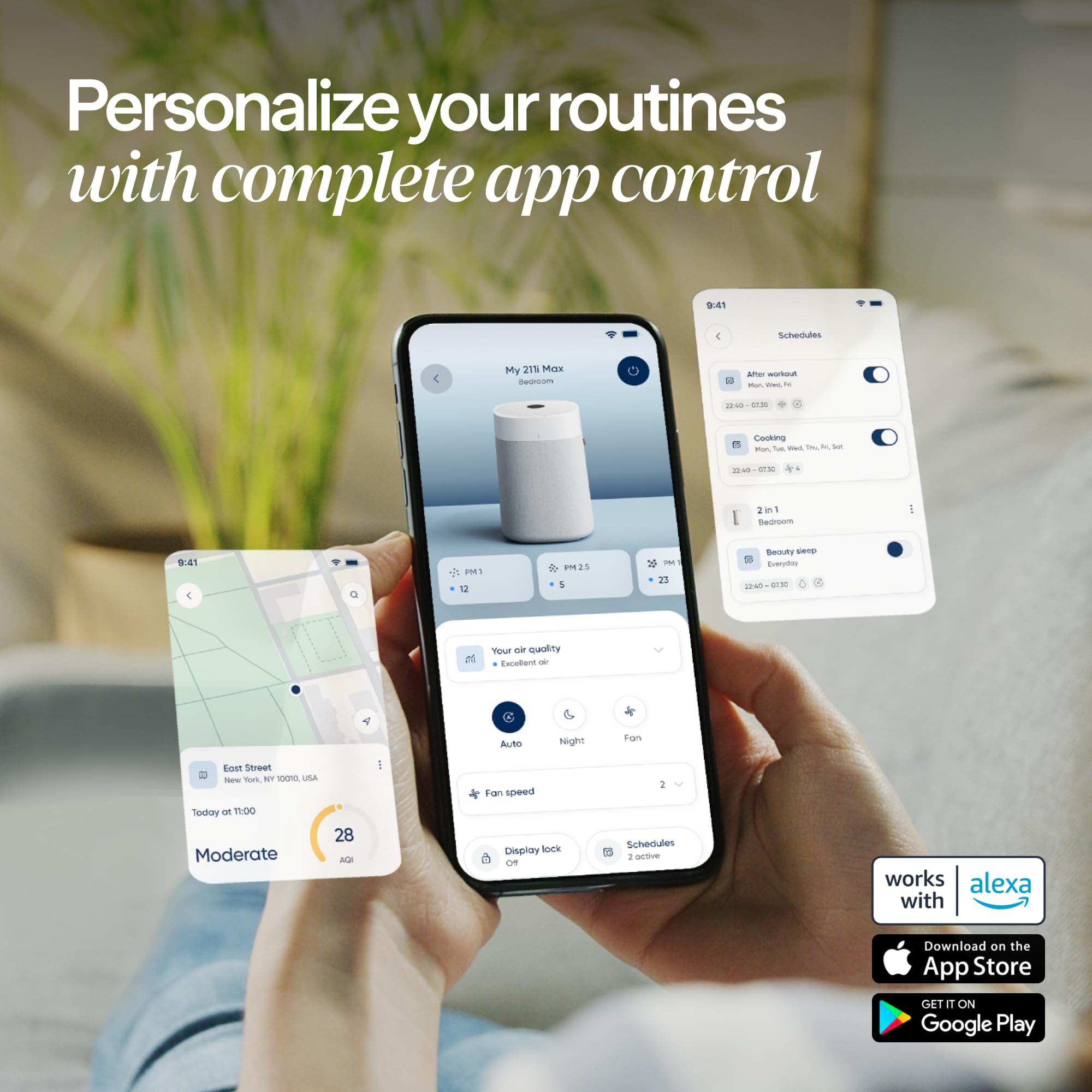 Blueair en sala con mascota mostrando reducción de caspa y aire más limpio