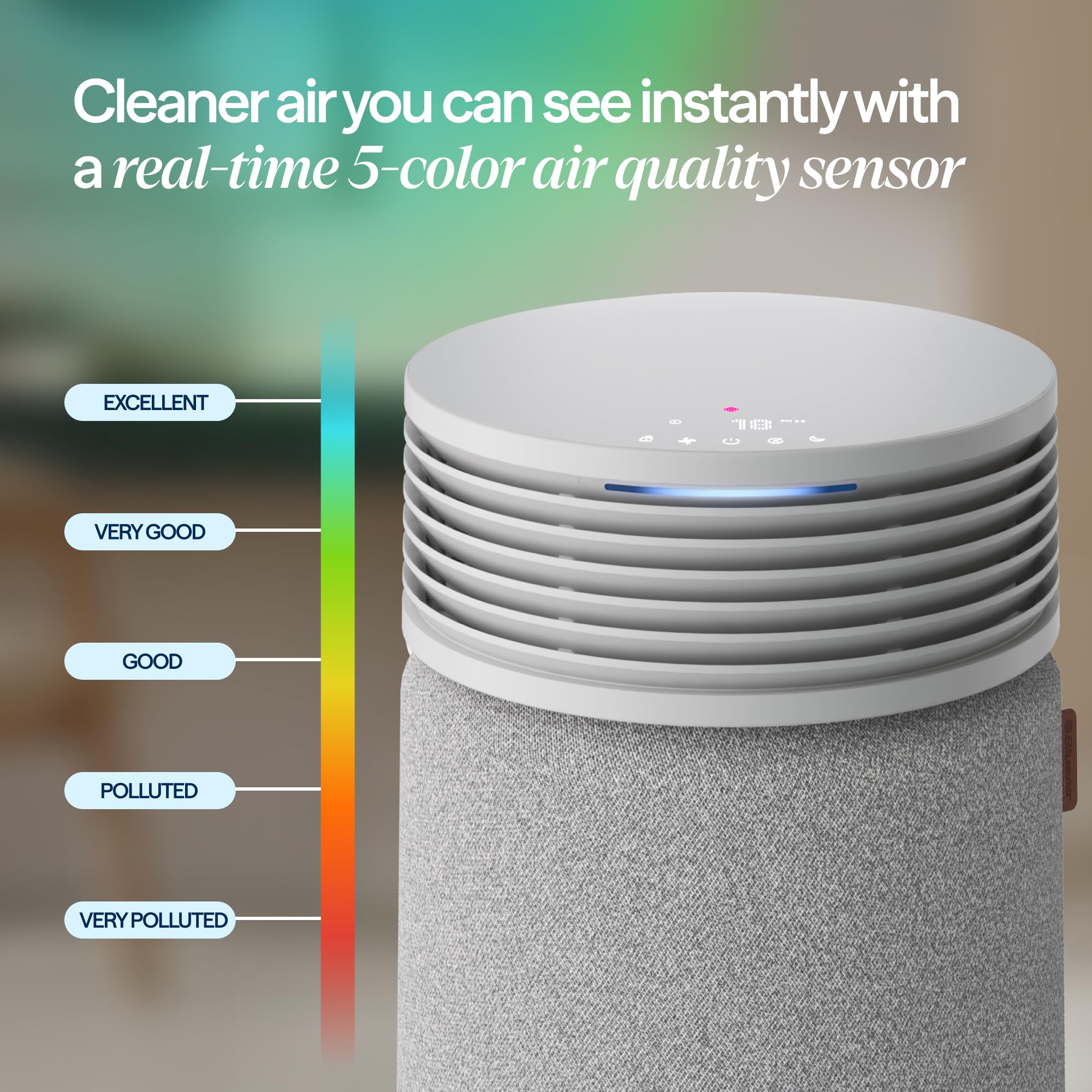 BLUEAIR purificador en escritorio de oficina reduciendo polvo y partículas