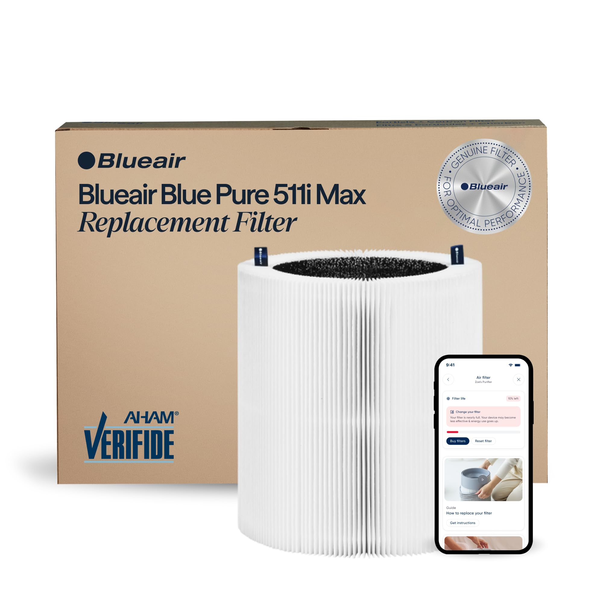 BLUEAIR filtro frontal en empaque mostrando ajuste perfecto y autenticidad