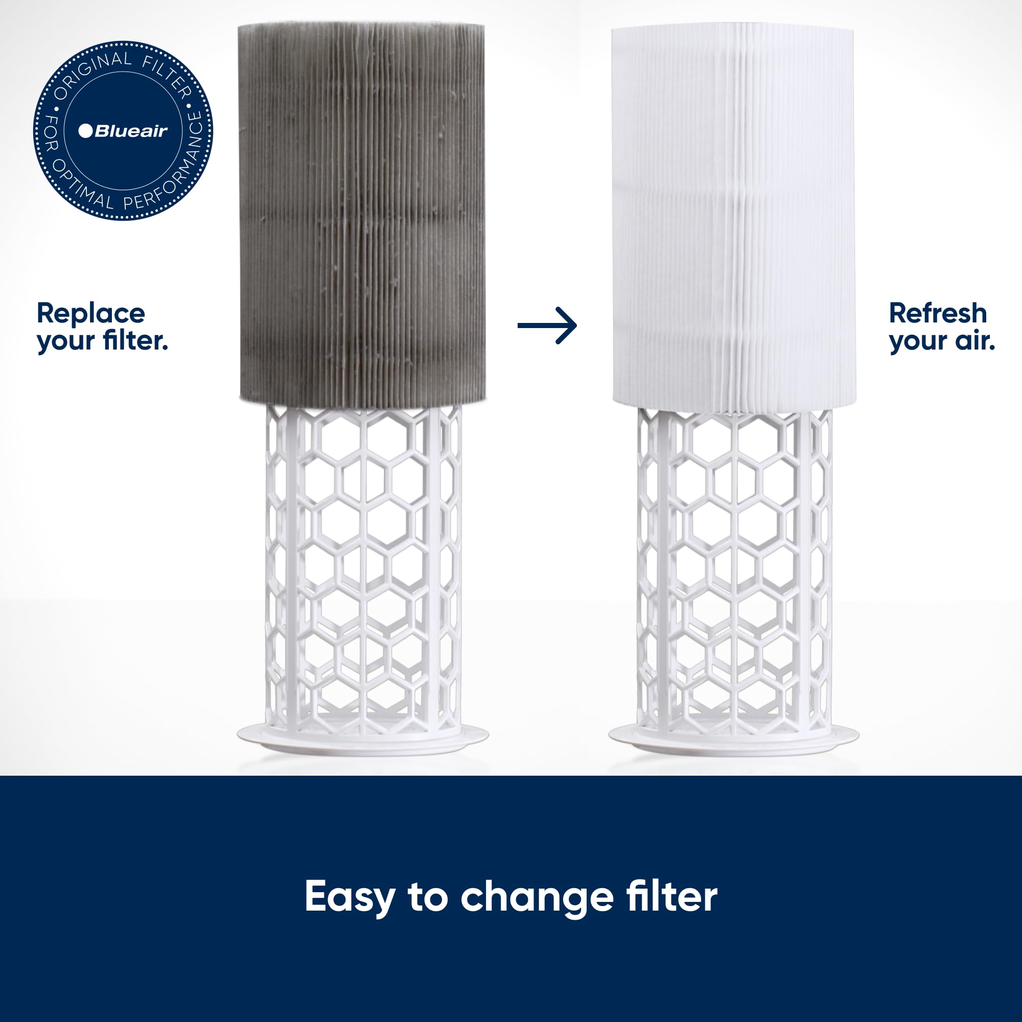 Blueair filter shown next to hand for scale illustrating compact, efficient design