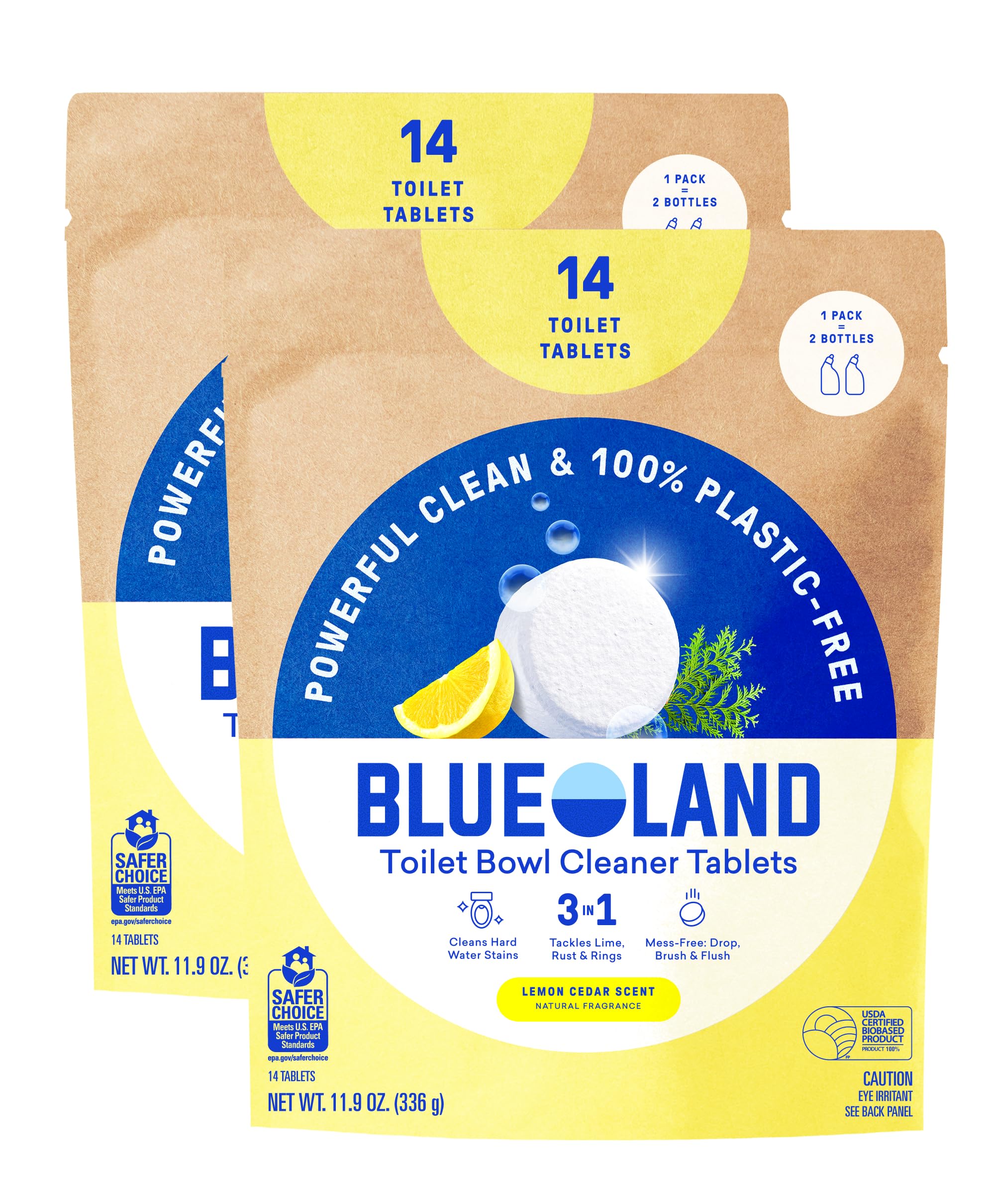BLUELAND empaque frontal limón cedro mostrando diseño ecológico y beneficio sin plástico