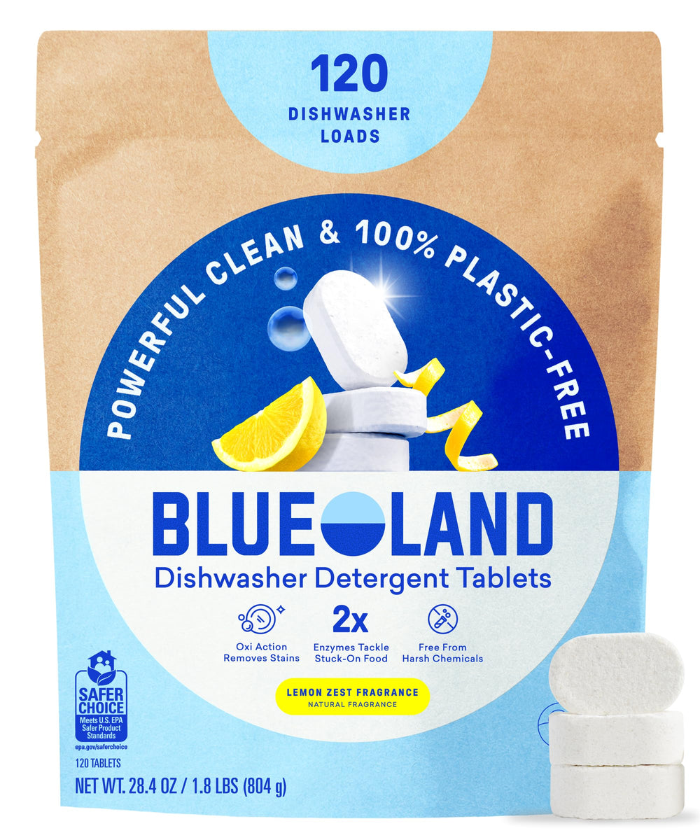 BLUELAND empaque frontal mostrando pastillas y beneficio sin plástico