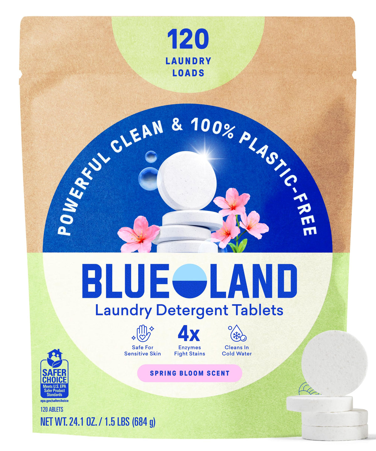 BLUELAND empaque frontal mostrando 120 pastillas y beneficio ecoamigable